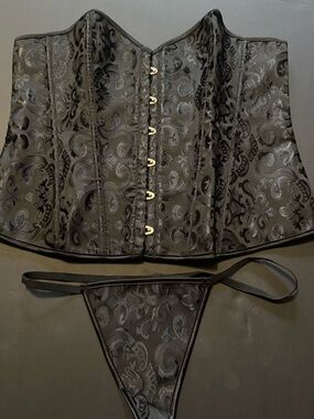 Black Brocade Underbust Corset Set with Matching Thong - Women Intimates